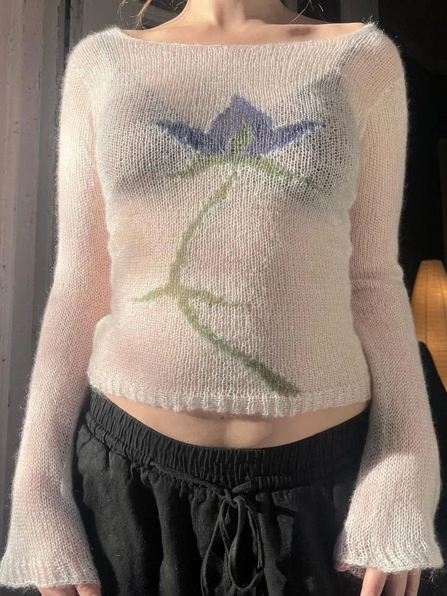 BXOXO Vintage Y2K Knitted Sweater Flower Aesthetics Graphic Print Pullover Tops Long Sleeve Slim 2000s Harajuku Sweater Top Streetwear