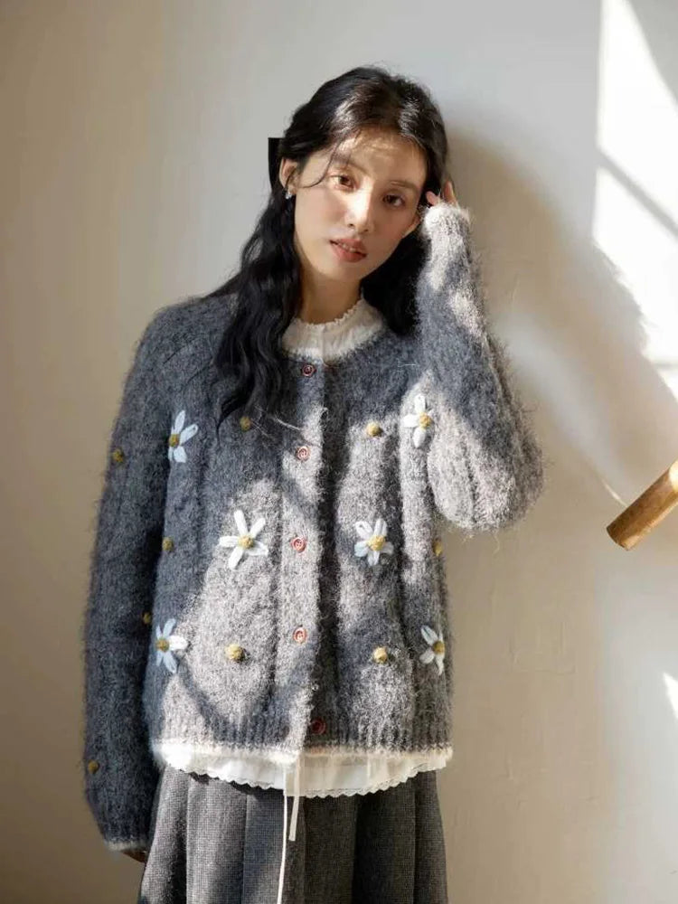 Bxoxo Elegant Floral Gray Cardigan Women Lazy Wind Long Sleeve Sweet Knitted Sweaters Vintage Japan Casual O Neck Female Retro Tops