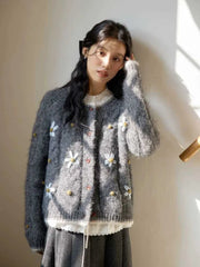 Bxoxo Elegant Floral Gray Cardigan Women Lazy Wind Long Sleeve Sweet Knitted Sweaters Vintage Japan Casual O Neck Female Retro Tops
