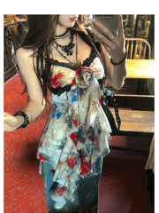 BXOXO New American Style Sexy Gyaru Halter Top Women Design Sweet Print Slim Camisole Summer High Street Coquette Asymmetrical Tees