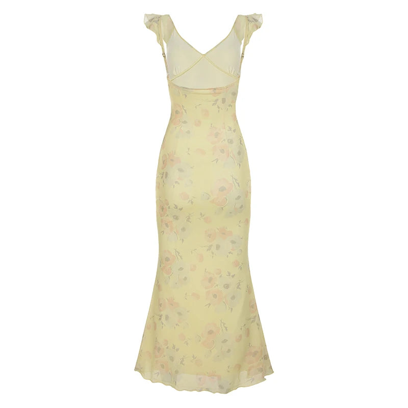 BXOXO Yellow Summer Print Camisole Dresses Slim Fit Elegant Fairycore Fashion Trendy Causal Holiday Style Clothes