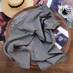 Bxoxo Korean Chic Plaid Casual Pants Women Summer High Waist Retro All Match Wide Leg Pants Y2K Loose Drawstring Straight Trousers
