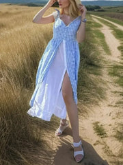 BXOXO Chic Sexy Single Breasted Plaid Blue Summer Women Dress Spaghetti Strap Midi Casual Female Vestidos Cotton Slip Dress New