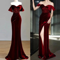 BXOXO CustomizedSexy Velvet Evening Dress Sweetheart Off The Shoulder Side Split Mermiad Sequins Fishtail Formal Occasion Bridesmaid G