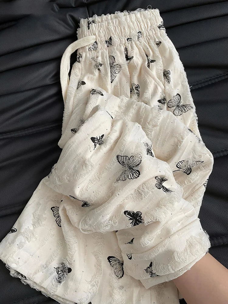 Bxoxo High Waist Wide Leg Pants Women Summer Loose Butterfly Print Female Casual Pants Y2K Korean Drawstring Floor Length Trousers