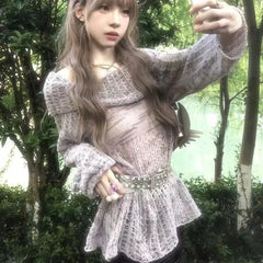 BXOXO Fashion Slash Neck Hollow Out Pullovers Y2k Grunge Long Sleeve Sweaters Mujer Vintage Simple New Loose Knitted Tops Women