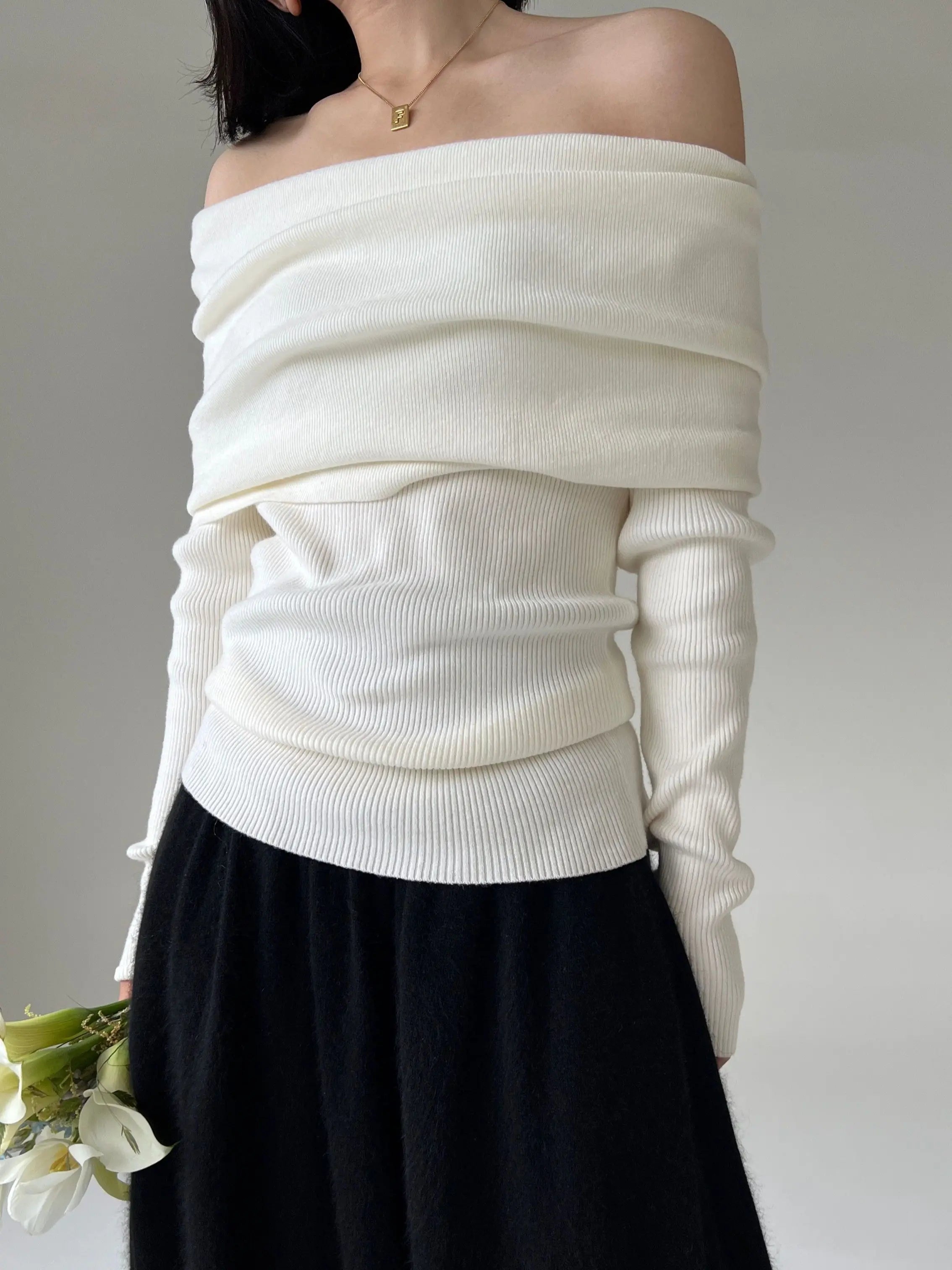 Bxoxo Spring Autumn Off Shoulder Women Sweaters Elegant Vintage Knitted Solid Jumper High Stretch Top  C-038
