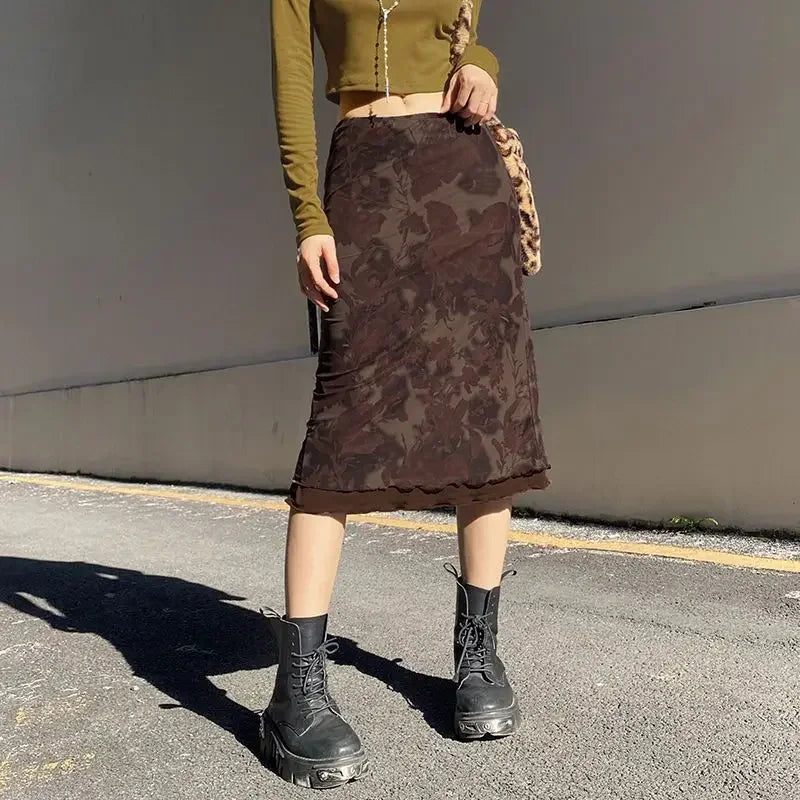 BXOXO Harajuku Vintage Long Skirts Women Floral Print Gothic Retro Skirts Grunge Aesthetic Streetwear Punk A Line Midi Skirt