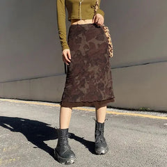 BXOXO Harajuku Vintage Long Skirts Women Floral Print Gothic Retro Skirts Grunge Aesthetic Streetwear Punk A Line Midi Skirt