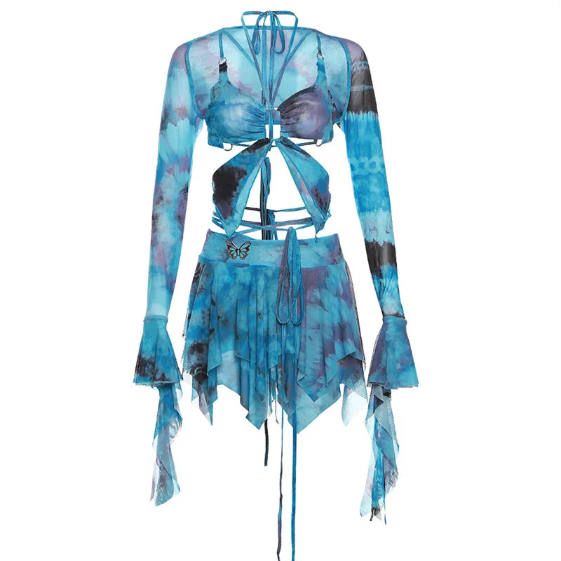 BXOXO Colorful Women 3 Piece Set Sexy Tie Dye Print Irregular Butterfly Camisole+Crop Tops+Skirts Matching Streetwear Outfits