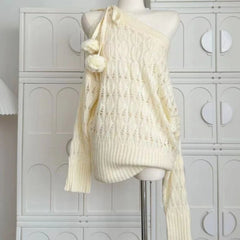 Bxoxo Sweet Sexy Hollow Out Knitted Pullover Women Off Shoulder Japanese Style Elegant Sweater Kawaii Lolita Lace Up Jumpers