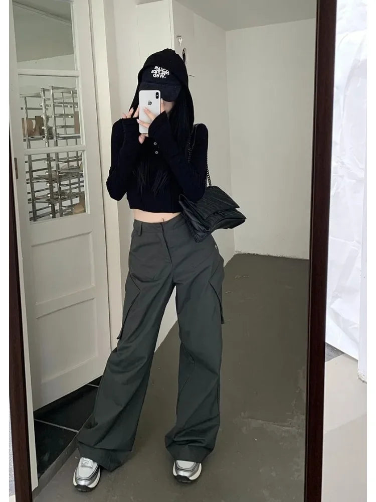 Bxoxo Women Cargo Pants Grey Vintage Y2k Baggy Korean Style High Waist Trousers Techwear Aesthetic Female Streetwear Hippie