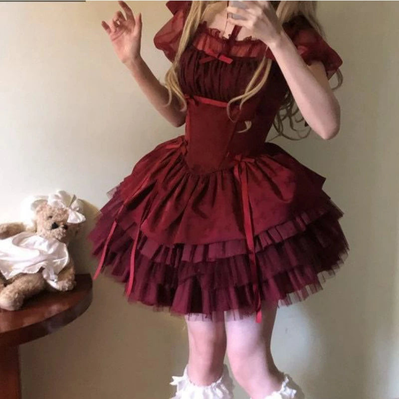 Bxoxo Victorian Sweet Lolita Dress Women Kawaii Bowknot Print Ruffles Party Mini Dresses Japanese Vintage Elegant Mesh Princess Dress