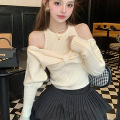 Bxoxo Sexy Off Shoulder Sweater Women Christmas Elegant Manners Bow Solid Two Piece Knit Jumpers Chic Vest Commuter Office Lady Tops