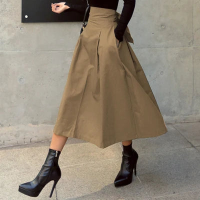 Bxoxo Skirts Womens Korean Fashion Solid Color Big Swing Ladies Skirt Long Skirt Autumn Wild High Waist Bow Slim Skirts