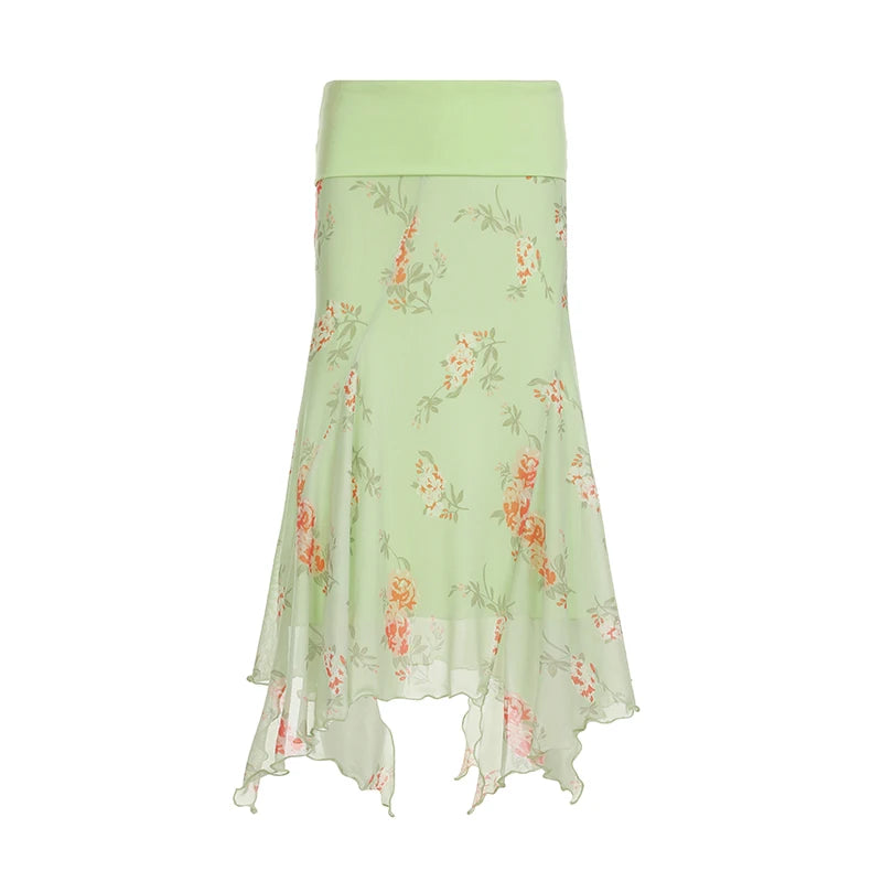 BXOXO Fashion Flower Print Irregular Low Waist Skirts Elegant Retro Design French Chic Long Skirts