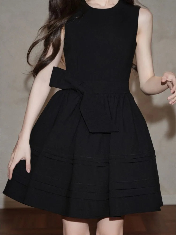 Bxoxo Elegant Vintage Style Dresses For Woman Summer French Lace-up Slim Waist O-Neck Party Evening Dress Fashion 2025 New Causal