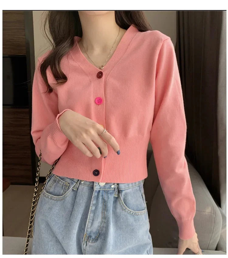 Bxoxo Autumn and Winter Little Fresh Colorful Buttons Younger Slim-Fit Slimming V-Collar Cardigan Long-Sleeved Sweater Top for Women