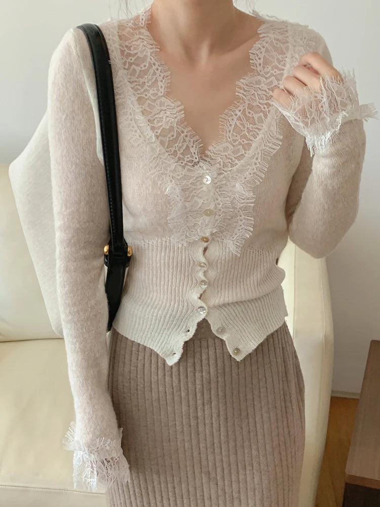 BXOXO Korean Fashion Chic Vintage Sweater Lace Women Autumn Winter Knitted V-Neck Cardigans Elegant Tops