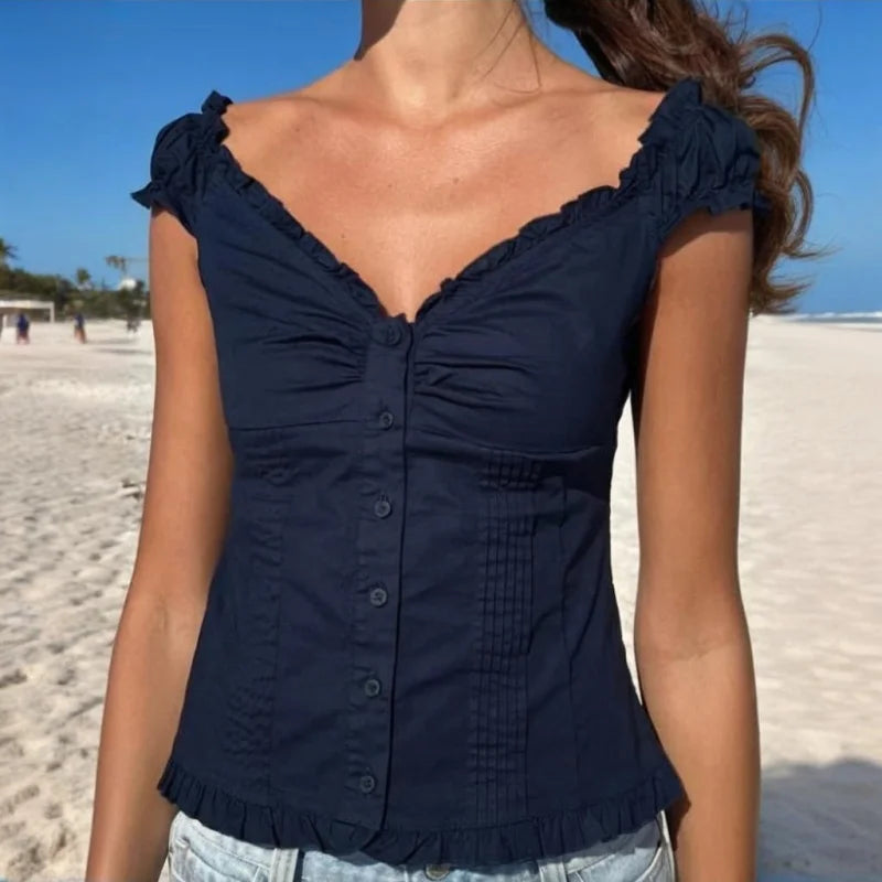 Bxoxo y2k Tank Top Women Summer Clothes Solid Color Cap Sleeve Button Down Slim Fit Frill T Shirt 2000s Vest Streetwear