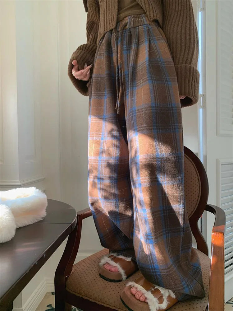 Bxoxo Faux Woolen Warm Plaid Pants Women Vintage Harajuku High Waist Wide Leg Trousers Streetwear Retro Loose Casual Fall Winter Pant