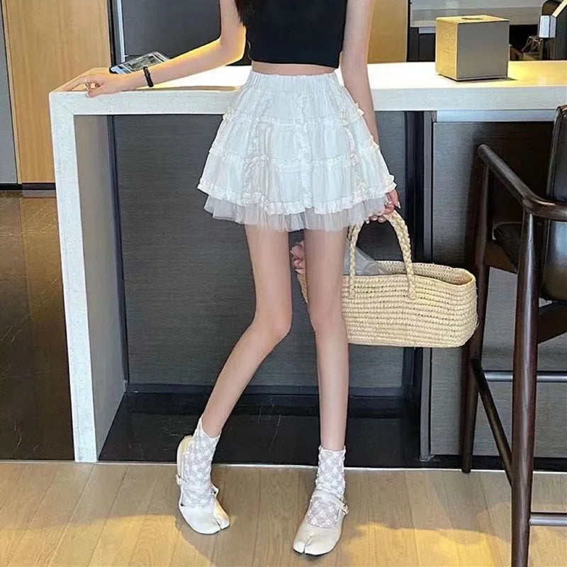 BXOXO Kawaii Lace Short Skirt for Women White Fairycore Lolita Mini Skirt Woman High Waist Cute Ruffle Pleated A-Line Skirts