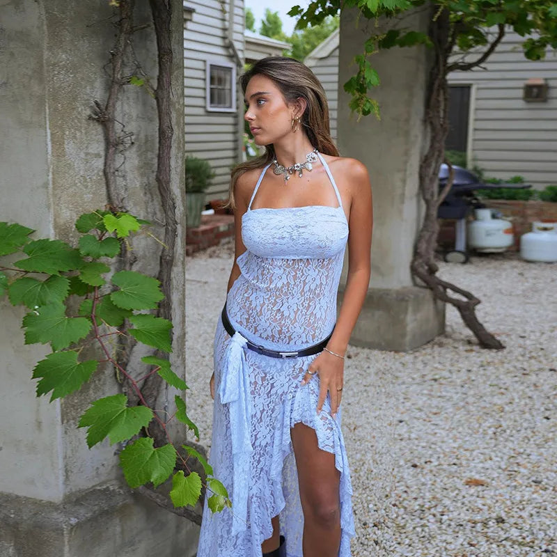 BXOXO Sexy Women Halter Neck Lace Dress Casual Summer Sheer Backless Split Ruffles Party Dress for Beach Club Streetwear