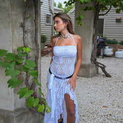 BXOXO Sexy Women Halter Neck Lace Dress Casual Summer Sheer Backless Split Ruffles Party Dress for Beach Club Streetwear