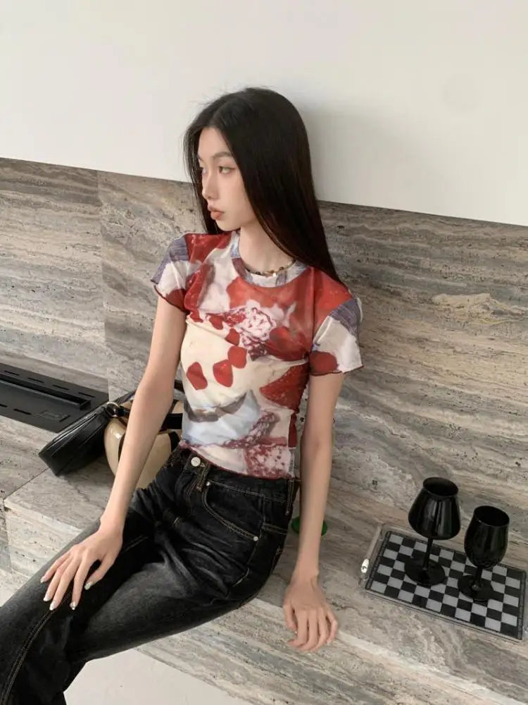BXOXO Chic See Through Mesh Tops Short Sleeve Crop Top T Shirt Print Cake Graphic Tees Women Clothes Korean Style E Girl Y2k