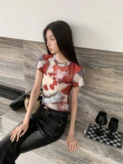 BXOXO Chic See Through Mesh Tops Short Sleeve Crop Top T Shirt Print Cake Graphic Tees Women Clothes Korean Style E Girl Y2k