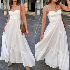 BXOXO Basic All-Match White Sling Dress Temperament High Waist Ruffled Dress Sweetheart Adjustable Bow Straps Thin Camisole Dress