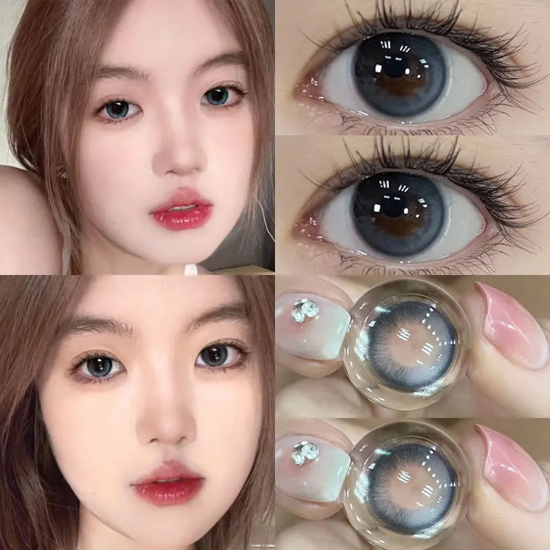 BXOXO 2PCS Color Contact Lenses with Myopia Degree -0.00 to-8.00 Gray Eye  Korea Lens Makeup Beauty Pupils