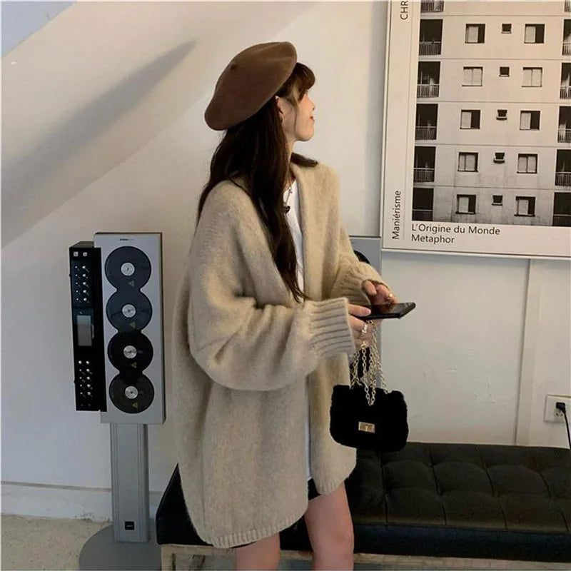Bxoxo Autumn Warm Knitting Cardigan Sweater Women Korean Lazy Wind Soft All Match Cardigans Female Solid Loose Knitwear Coats