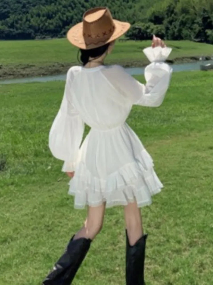 Bxoxo Woman Vintage Korean Short Dress Ruffles Asymmetrical Slim Waist White Long Sleeves Vestidos 2025 New Holiday Casual Dresses