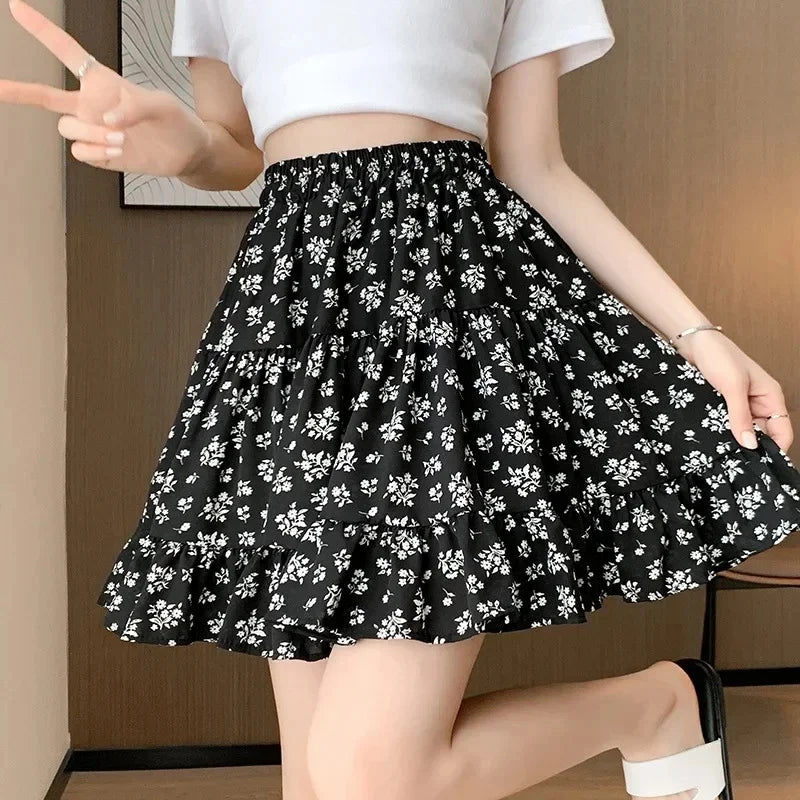 Bxoxo Sweet Floral Skirts for Women Summer Elastic High Waist All Match Mini Skirts Y2K Korean Kawaii Preppy A Line Skirts Female