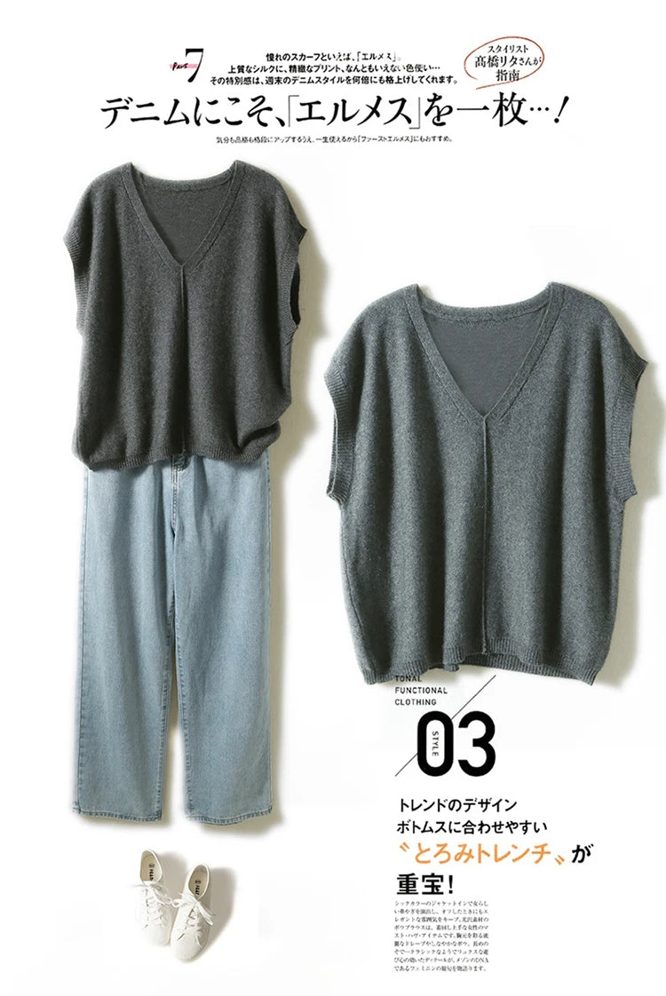 Bxoxo Cashmere Vest Ladies New 100%Pure Wool Knit Waistcoat Spring V-Neck Large Size Sweater Wild Sleeveless Vest Solid Loose Top