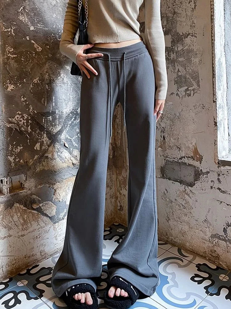Bxoxo Streetwear Slim Flare Pant Women Sexy Low Waist Fall Vintage Wide Leg Trousers Casual American Lace Up Female Retro Black Pants
