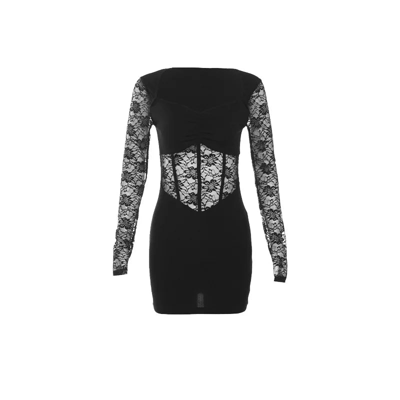 Bxoxo Black Mysterious Sexy Lace Stitching Mature Fishbone Beautiful Sweet Gentle Women'S Winter Long Sleeve Hip Short Dress