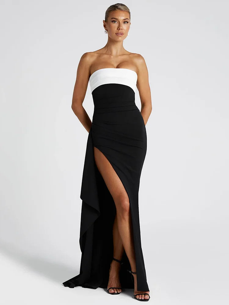 BXOXO Off-shoulder Strapless Sexy Maxi Dress For Women Contrast Color Patchwork Sleeveless Backless Thigh High Split Dress