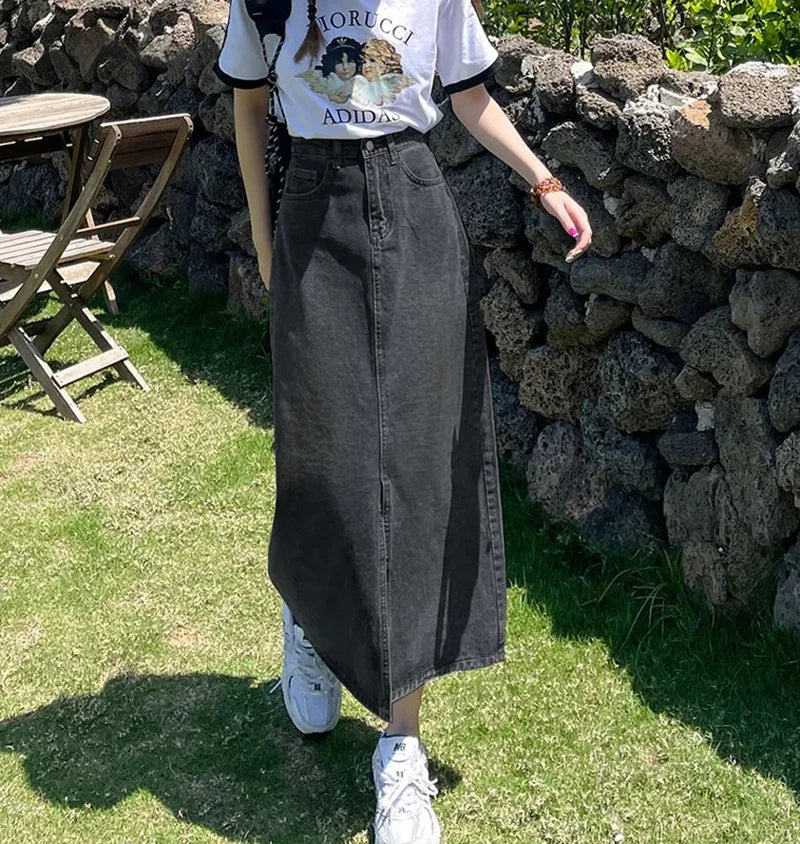 Bxoxo Vintage High Waist Women Denim Midi Skirt Summer Korean Thin Section Slit A Line Skirts Fashion Casual All Match Denim Skirts