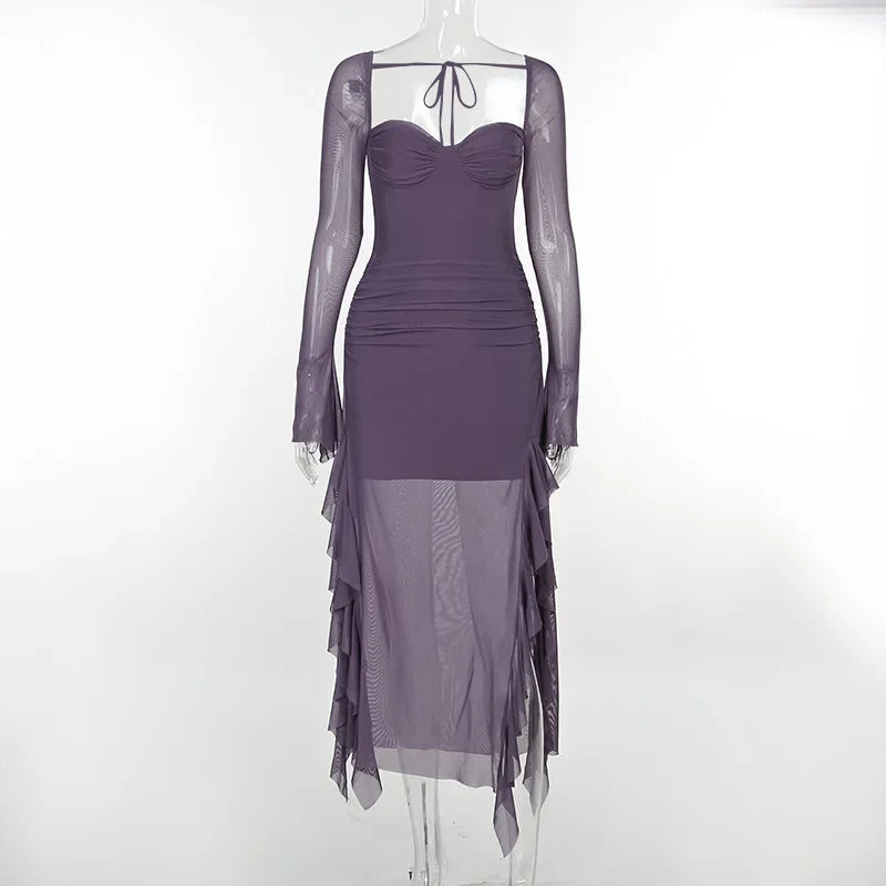 BXOXO Purple Mature Sexy Beautiful Confident Elegant Graceful Women'S Translucent Thin Straight Dress