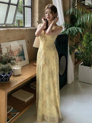Bxoxo French Women's Elegant Floral Printed Dress V-Neck Slim Fit Flying Sleeve Long Dresses Vacation Holiday Sexy Travel New Vestidos
