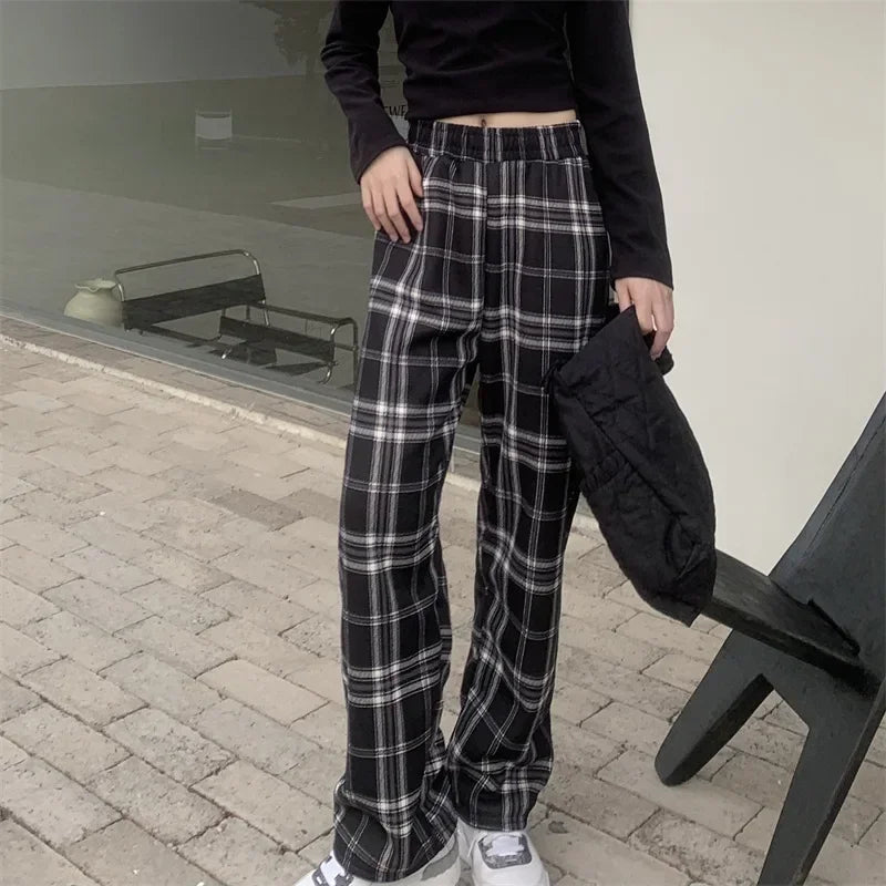 BXOXO Fashion Warm Plush Pants Cashmere Thick Plaid Ladies Winter Casual Loose Wide-legged Pants Korean Streetwear Students