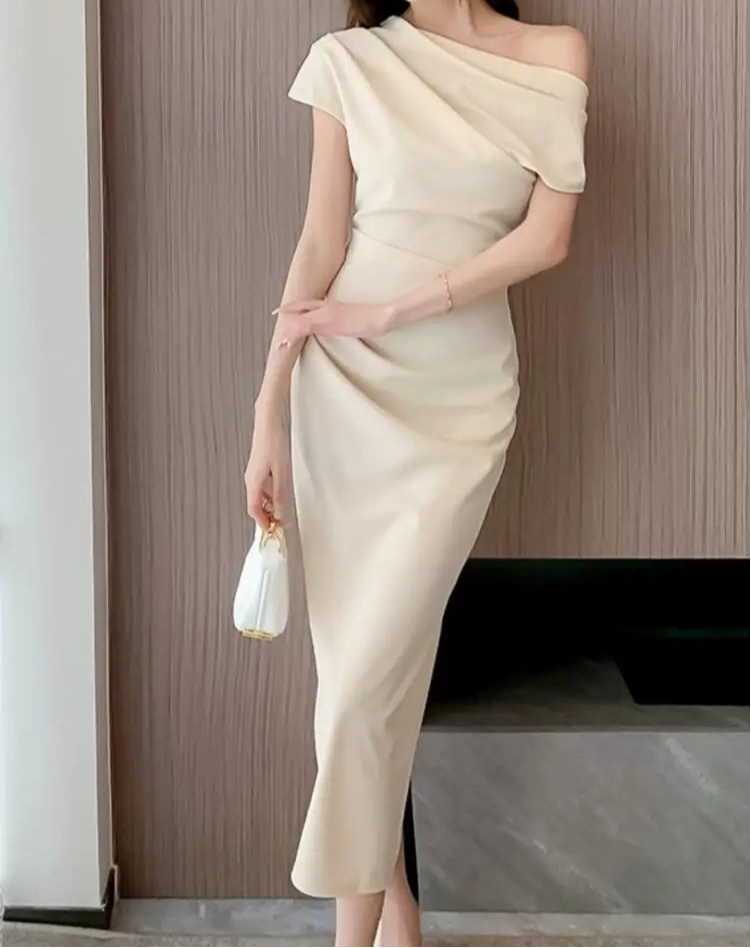BXOXO Elegant Off Shoulder Evening Party Dresses Women Summer Fashion Slim One Piece Solid Vestidos Korean Graduation Robe Clothing