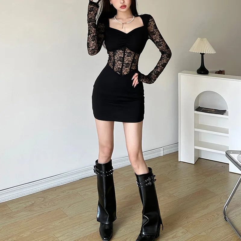 Bxoxo Black Mysterious Sexy Lace Stitching Mature Fishbone Beautiful Sweet Gentle Women'S Winter Long Sleeve Hip Short Dress