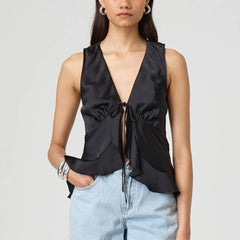 BXOXO Women Fashion Satin Vest Sleeveless Lace Up Front Ruffle Hem Tank Top Solid Color Tie Camisole Summer Going Out Top