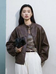 Bxoxo Vintage Pu Leather Jacket Women Y2K Autumn Loose Streetwear Thick Stand Collar Coat Fashion Single Breasted All Match Outwear