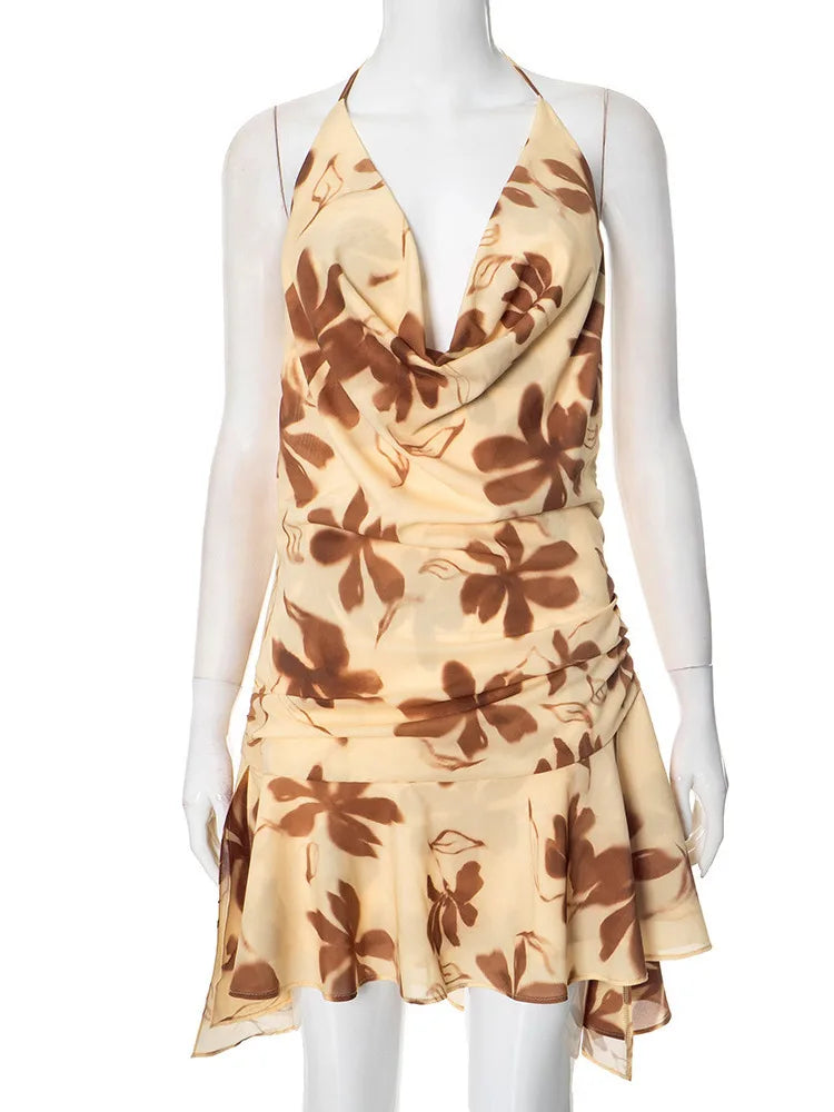 BXOXO  Halter Print Sexy Mini Dress For Women Robe Elegant Deep V Neck Sleeveless Backless Ruffled High Waist Beach Dress