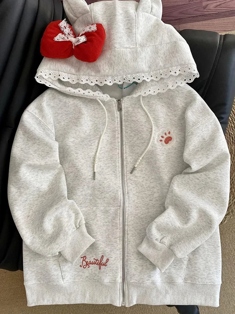 Bxoxo Kawaii Print Bow Hoodies Women Sweet Lace Patchwork Long Sleeve Cute Sweatshirts Japan Loose Pockets Letter Female Zipper Tops