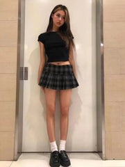 BXOXO Vintage Y2K Plaid Mini Skirt Women Sexy Preppy Style Low Waist Slim A-line Side Split Retro Pleated Skirt Streetwear